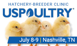 USPOULTRY Logo with four chicks; Hatchery-Breeder Clinic on July 8-9 in Nashville, TN